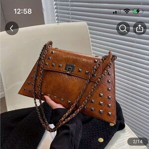 NWOT Amazon Brown Leather Mini Shoulder Bag with Silver Studs